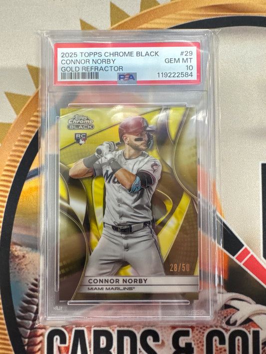 2025 Topps Chrome Black MLB Connor Norby Rookie Gold Refractor /50 PSA 10