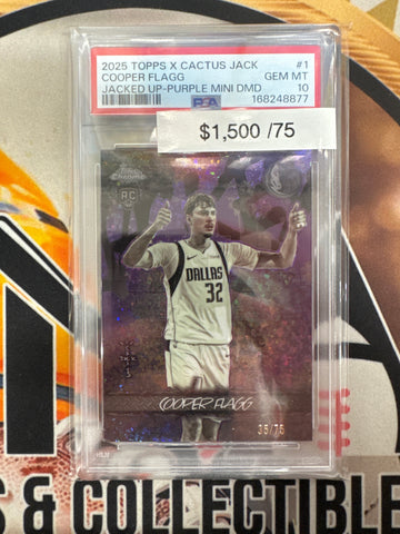 2025 Topps Chrome X Cactus Jack NBA Cooper Flagg Rookie Jacked Up Purple Mini Diamond Refractor /75 PSA 10