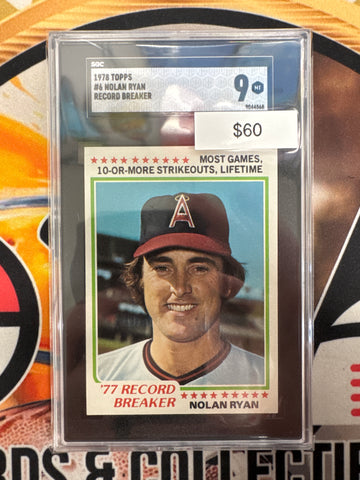 1978 Topps MLB Nolan Ryan Most Games, 10 Or More Strikeouts, Lifetime ‘77 Record Breaker SGC 9