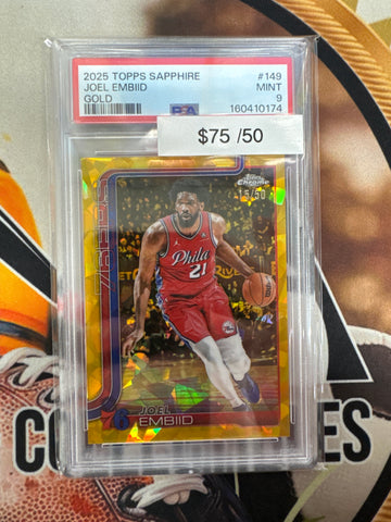 2025 Topps Chrome NBA Sapphire Joel Embiid Gold Refractor /50 PSA 9