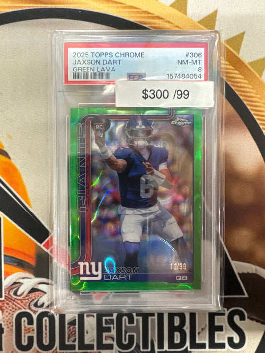 2025 Topps Chrome NFL Jaxson Dart Rookie Green Lava Refractor /99 PSA 8