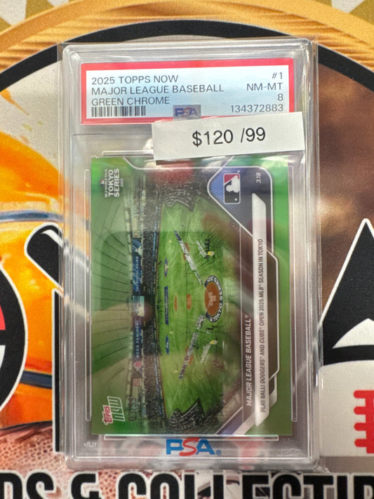 2025 Topps Now Major League Baseball Tokyo Series Green Chrome /99 PSA 8
