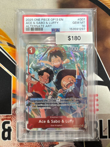 One Piece Ace & Sabo & Luffy Super Rare Alternate Art Carrying On His Will OP13-007 PSA 10