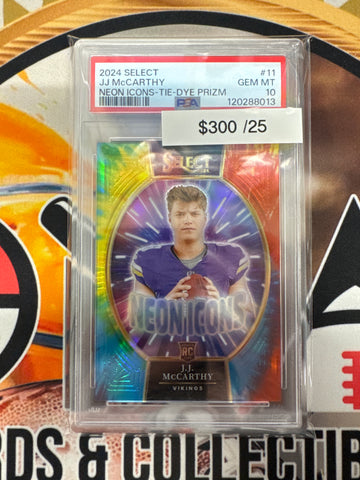 2024 Panini Select NFL J.J. McCarthy Rookie Neon Icons Tie-Dye Prizm /25 PSA 10