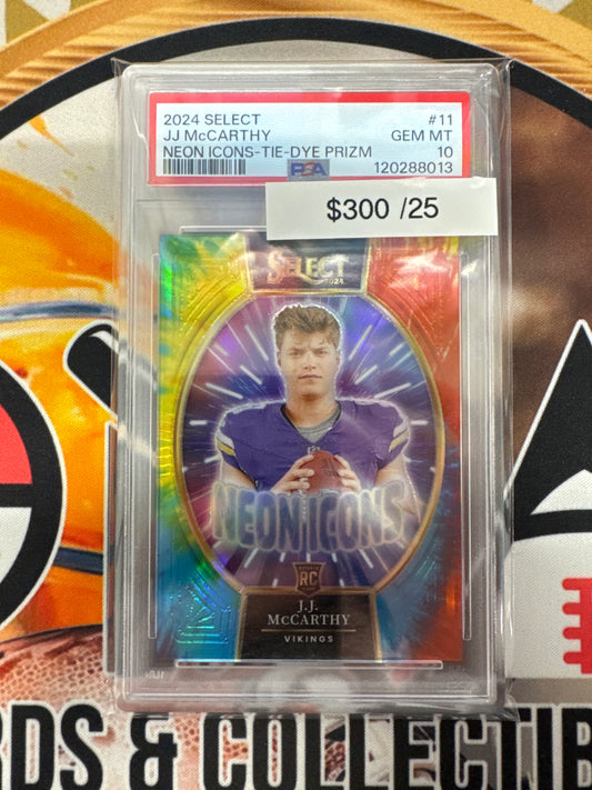 2024 Panini Select NFL J.J. McCarthy Rookie Neon Icons Tie-Dye Prizm /25 PSA 10