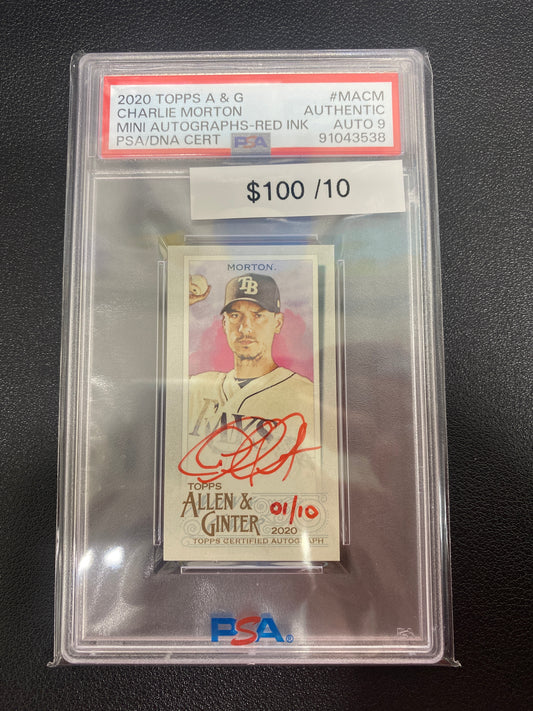 2020 Topps Allen & Ginter Charlie Morton Mini Autograph Red Ink /10 PSA Authentic Auto 9