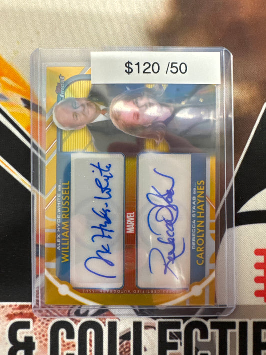 2026 Topps Finest Marvel Fantastic Four Alex Hyde-White As William Russell & Rebecca Staab As Carolyn Haynes Gold Dual Autograph /50