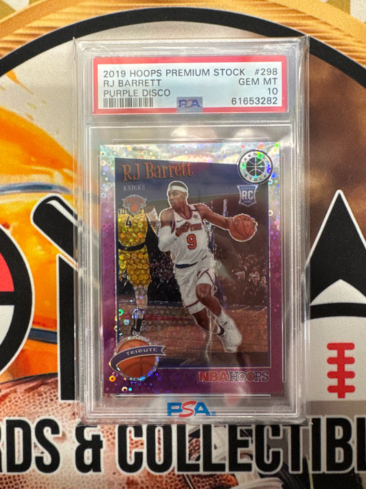 2019 Panini Hoops Premium Stock NBA RJ Barrett Purple Disco Rookie PSA 10
