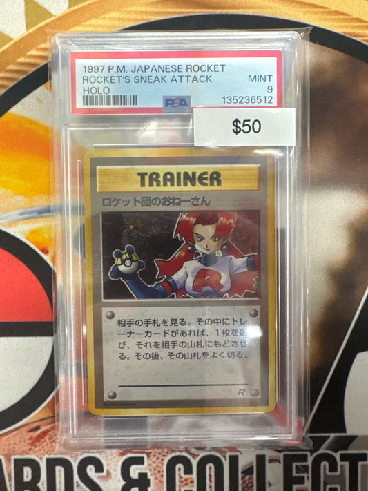 1997 Pokemon Japanese Rocket Rocket’s Sneak Attack Holo PSA 9