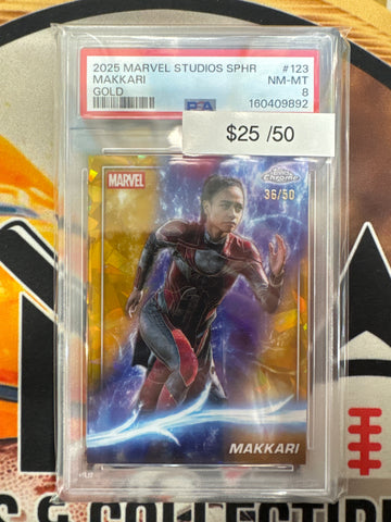 2025 Topps Chrome Marvel Studios Sapphire Makkari Gold Refractor /50 PSA 8
