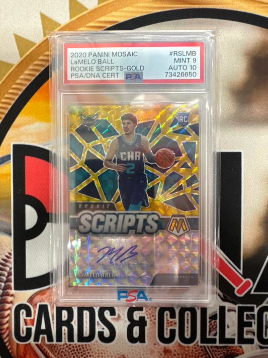 2020 Panini Mosaic NBA LaMelo Ball Rookie Scripts Autograph Gold PSA 9 Autograph 10