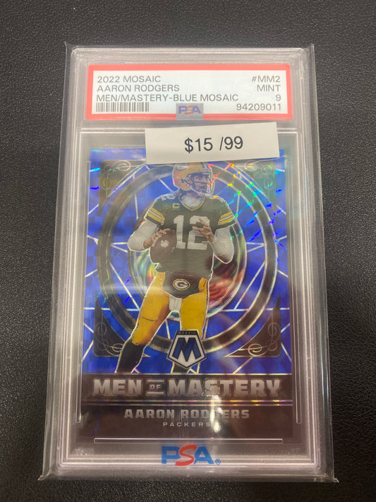 2022 Panini Mosaic Aaron Rodger’s Men Of Mastery Blue Mosaic /99 PSA 9