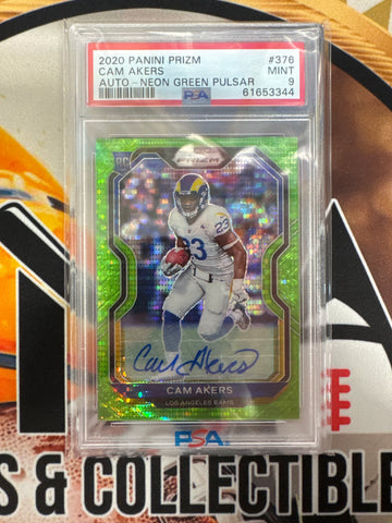 2020 Panini Prizm NFL Cam Akers Rookie Autograph Neon Green Pulsar PSA 9
