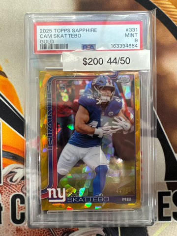 2025 Topps Chrome Sapphire NFL Cam Skattebo Rookie Gold Refractor 44/50 PSA 9