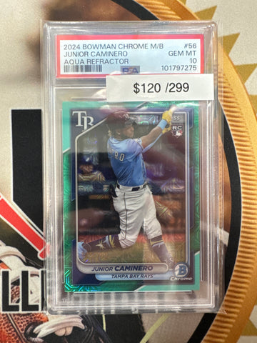 2024 Bowman Chrome Baseball Mega Box Junior Caminero Rookie Aqua Refractor /299 PSA 10
