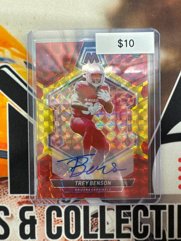 2024 Panini Mosaic NFL Trey Benson Rookie Mosaic Choice Red/Yellow Autograph