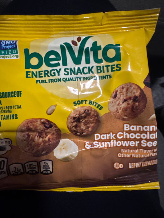 Cafe Belvita energy snack bites banana dark chocolate and sunflower seeds