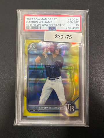 2022 Bowman Draft Carson Williams Chrome Yellow Lava Refractor /75 PSA 10