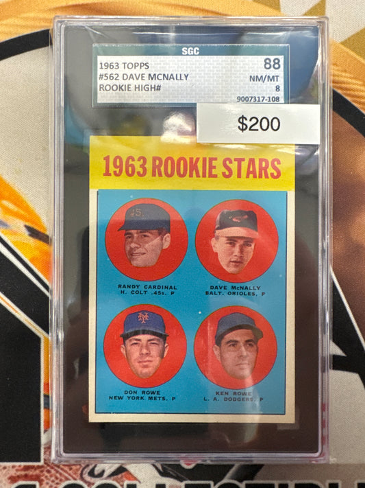 1963 Topps Baseball Dave McNally Randy Cardinal, Dave McNally, Don Roww & Ken Rowe 1963 Rookie Stars SGC 8