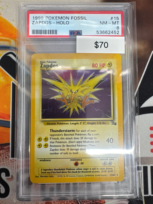 Pokémon Zapdos Holo Fossil 15/62 PSA 8