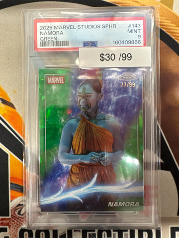 2025 Topps Chrome Marvel Studios Sapphire Namora Green Refractor /99 PSA 9