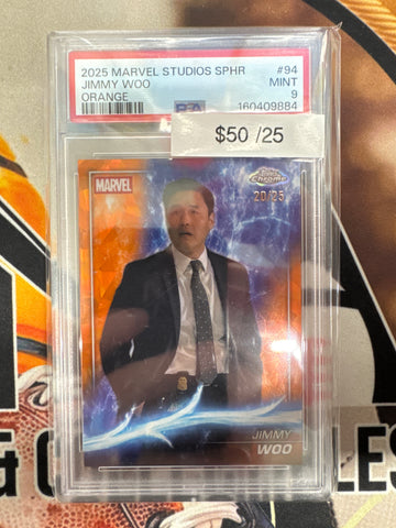 2025 Topps Chrome Marvel Studios Sapphire Jimmy Woo Orange Refractor /25 PSA 9