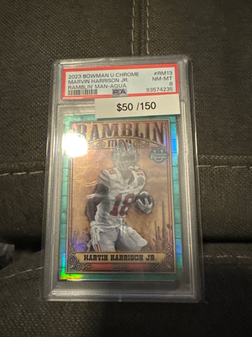 2023 Bowman Chrome U Marvin Harrison Jr. Ramblin’ Man Aqua /150 PSA 8