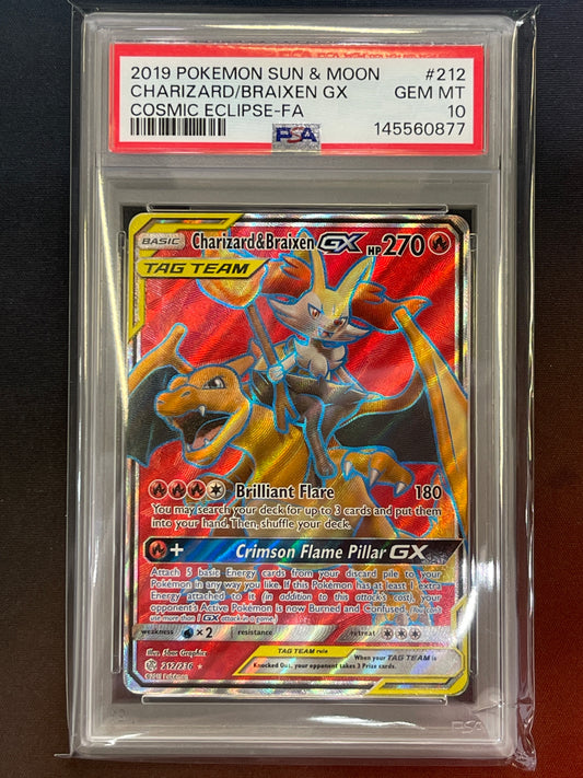 Pokémon Sun & Moon Charizard & Braixen GX Cosmic Eclipse FA 212/236 PSA 10