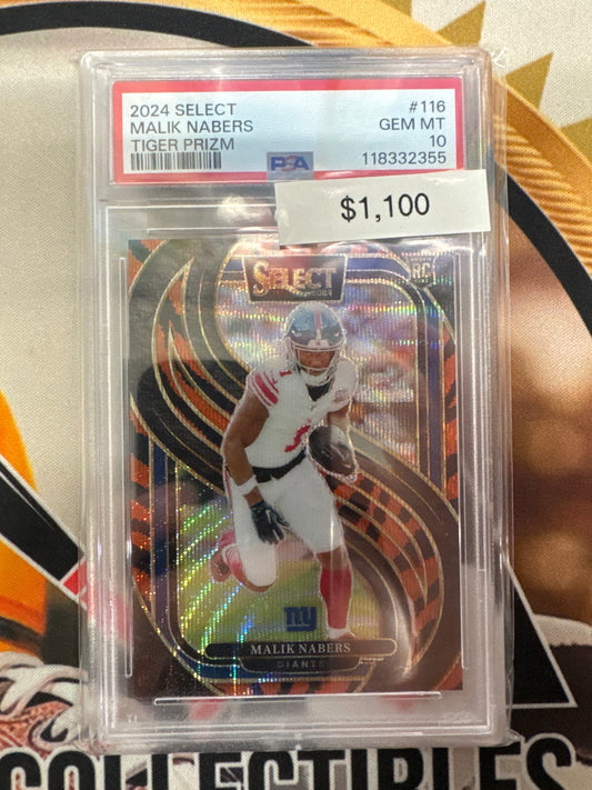 2024 Panini Select NFL Malik Nabers Rookie Tiger Prizm PSA 10