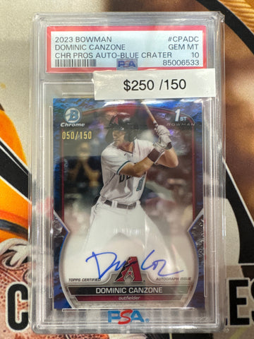 2023 Bowman Baseball Dominic Canzone Chrome Prospect Autograph Blue Crater Refractor /150 PSA 10