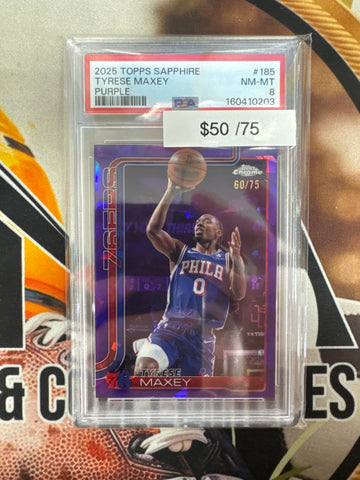 2025 Topps Chrome NBA Sapphire Tyrese Maxey Purple Refractor /75 PSA 8