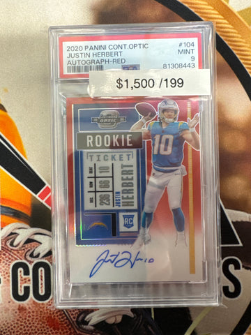 2020 Panini Contenders Optic Justin Herbert Rookie Ticket Autograph Red PSA 9