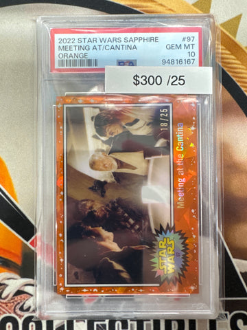 2022 Topps Star Wars Sapphire Meeting At The Cantina Orange Refractor /25 PSA 10