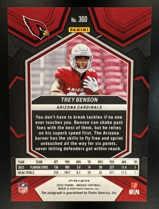 2024 Panini Mosaic Trey Benson #360 Rookie Auto Choice Red and Yellow Prizm RC Cardinals