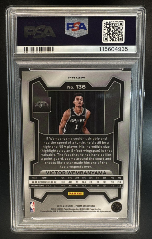 2023-24 Panini Prizm Victor Wembanyama #136 Prizms Silver RC Spurs PSA 9