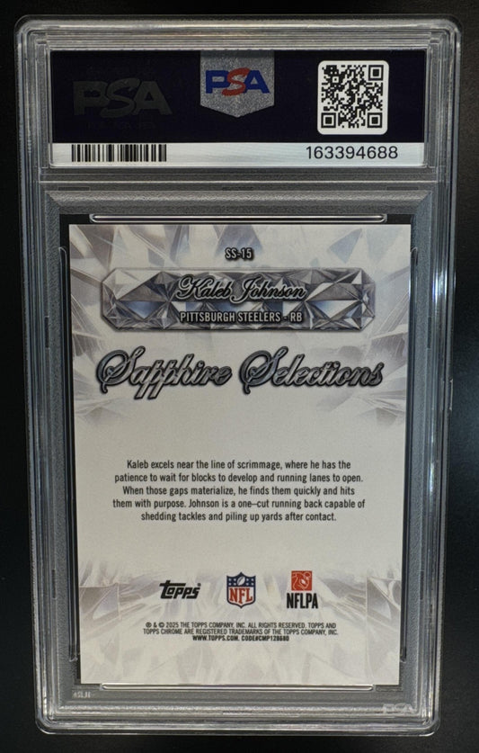 2025 Topps Chrome Sapphire Kaleb Johnson Selections Orange Refractor /25 PSA 8
