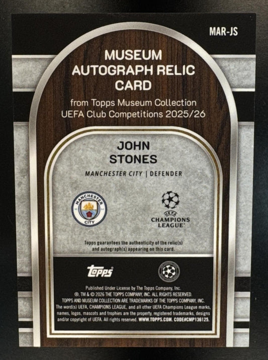 2025 Topps Museum Collection UEFA John Stones #MAR-JS Auto Relics Sapphire /150