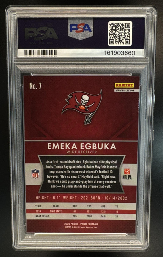 2025 Panini Prizm Emeka Egbuka #7 Rookie Flashback No Huddle RC Buccaneers PSA 8