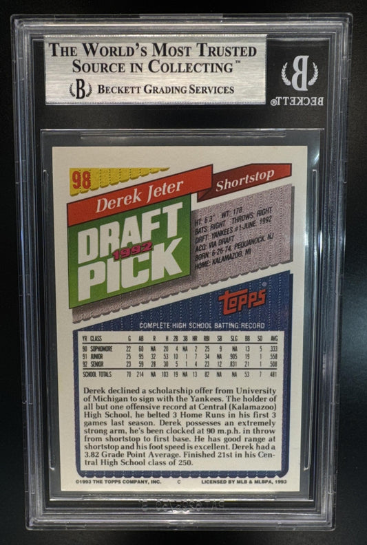 1993 Topps Derek Jeter #98 RC Draft Pick Yankees Beckett Authentic Autograph
