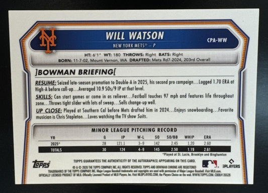 2026 Bowman Chrome Will Watson Auto Gold Shimmer Refractor /50 1st Bowman