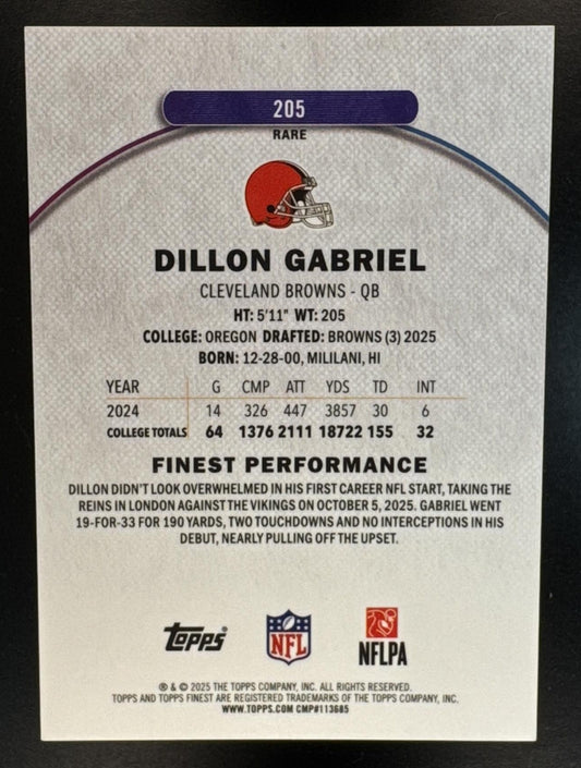 2025 Topps Finest Dillon Gabriel #205 Rare Sky Blue Refractor 139/150 RC Browns