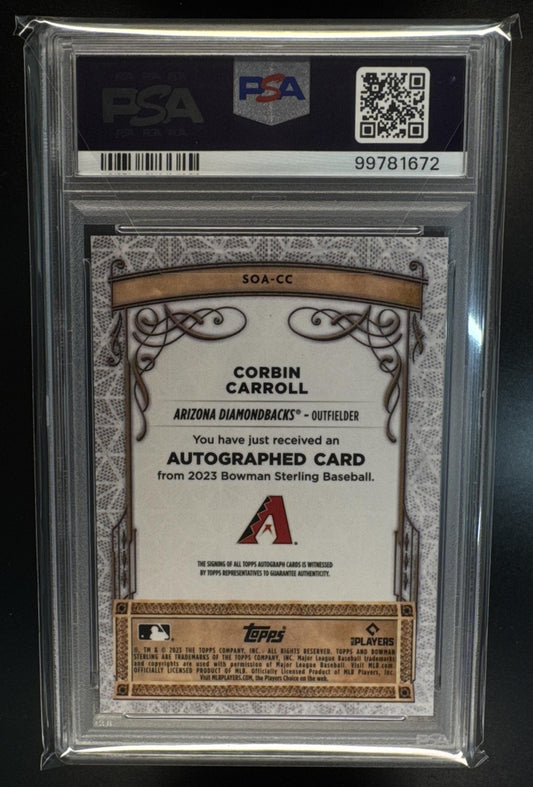 2023 Bowman Sterling Corbin Carroll #SOA-CC Opulence Auto /99 RC PSA 9