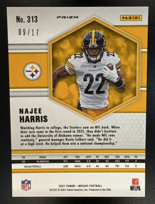 2021 Panini Mosaic Najee Harris #313 Prizm Gold Wave 9/17 RC Steelers