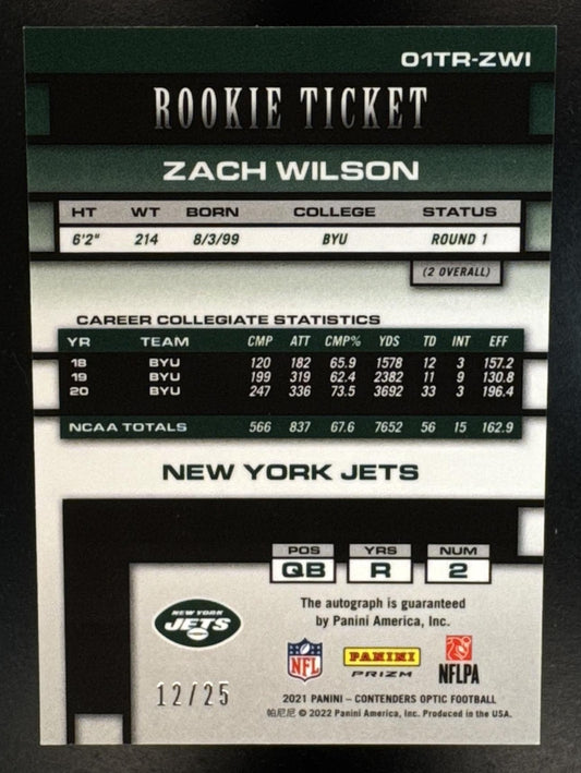 2021 Panini Contenders Optic Zach Wilson #01TR-ZWI Throwback Rookie Auto /25 Jets
