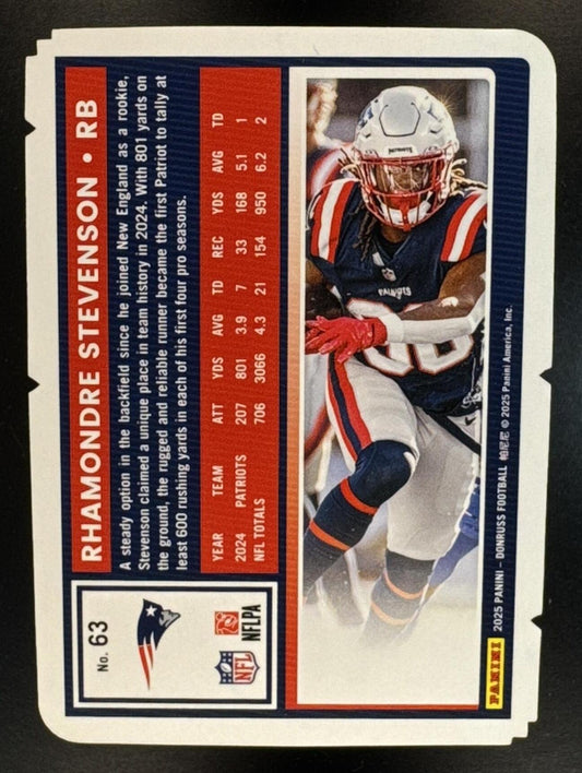 2025 Panini Donruss Rhamondre Stevenson #63 Press Proof Silver Die-Cut /99 Patriots