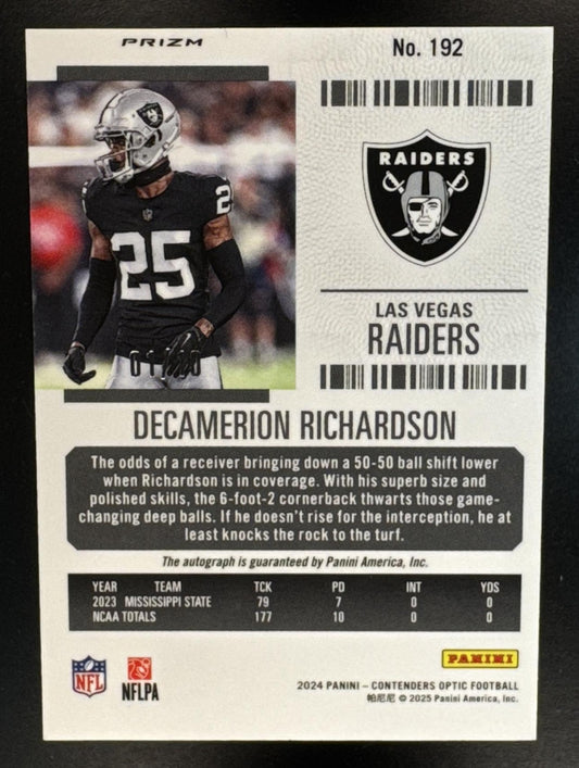 2024 Panini Contenders Optic Decamerion Richardson #192 Rookie Ticket Auto Gold /10 Raiders
