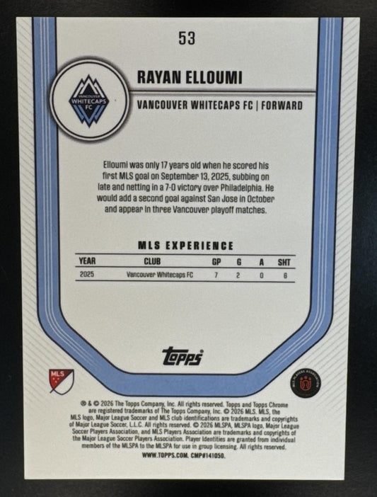 2026 Topps Chrome MLS Rayan Elloumi #53 Gold Refractor 33/50 RC Whitecaps