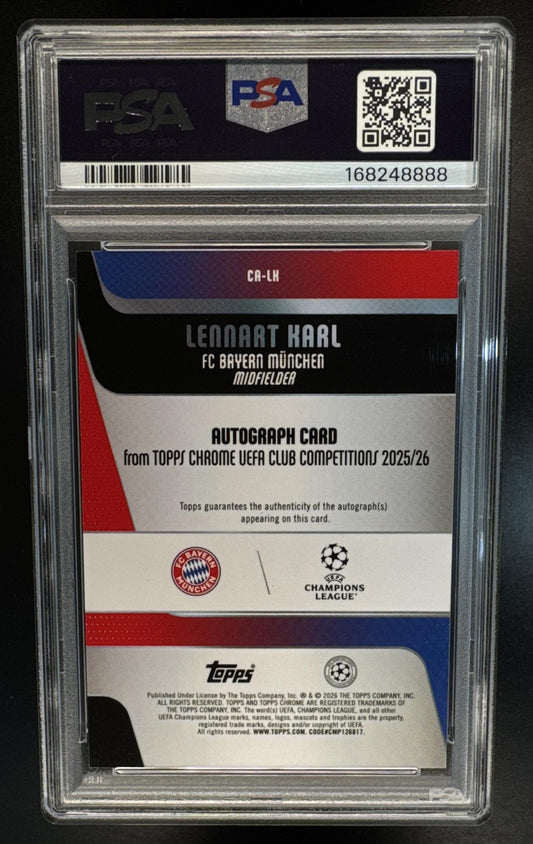 2025 Topps Chrome UEFA UCC Lennart Karl Auto CA-LK Purple Geometric Refractor /75 Bayern Munchen PSA 9