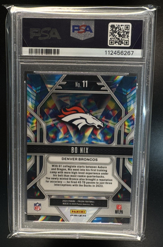 2024 Panini Prizm Bo Nix #11 Prizmatic Green Ice RC Broncos PSA 10