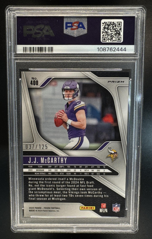 2024 Panini Prizm J.J. McCarthy #400 Purple Prizm /125 Rookie Vikings PSA 9